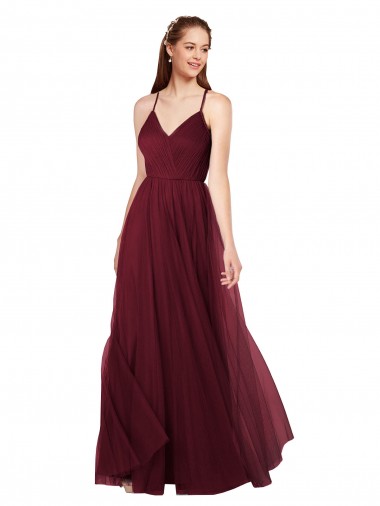 Bordeaux Trapèze Bretelles spaghetti Col V Tulle Longue Robes demoiselle d'honneur à Vendre