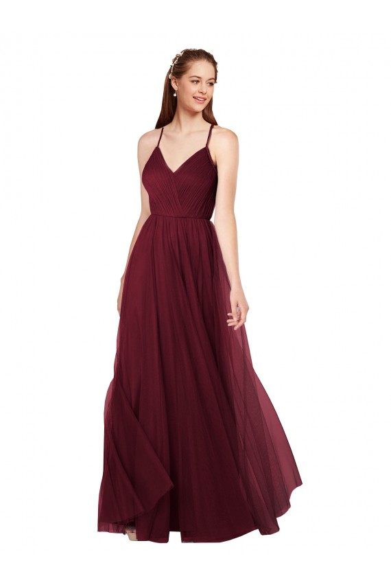 Bordeaux Trapèze Bretelles spaghetti Col V Tulle Longue Robes demoiselle d'honneur à Vendre
