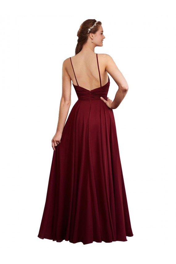 Bordeaux Trapèze Bretelles spaghetti Mousseline Longue Robes demoiselle d'honneur à Vendre