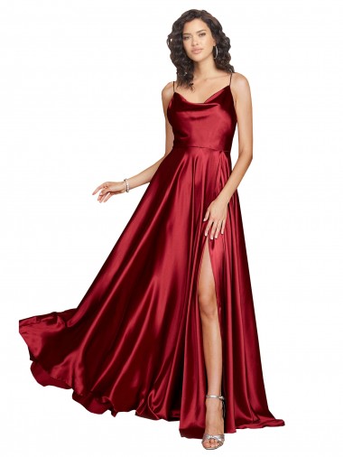 Bordeaux Trapèze Bretelles spaghetti Satiné Soyeux Longue Formelles Robes demoiselle d'honneur / Robes de soirée / Robes de bal à Vendre