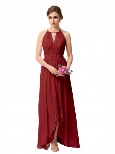 Bordeaux Trapèze Col Haut Mousseline Longue Asymétrique Robes demoiselle d'honneur à Vendre