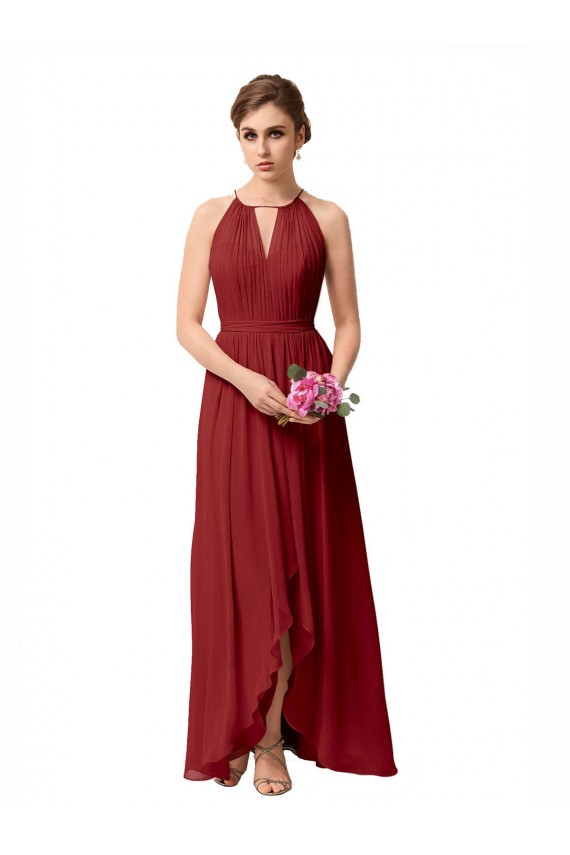 Bordeaux Trapèze Col Haut Mousseline Longue Asymétrique Robes demoiselle d'honneur à Vendre