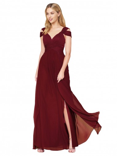 Bordeaux Trapèze Col Haut Mousseline Longue Formelles Robes demoiselle d'honneur / Robes de soirée / Robes de bal à Vendre