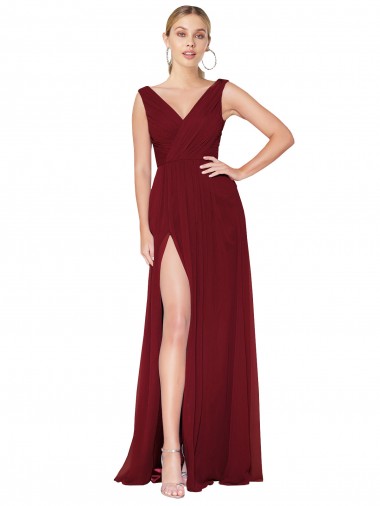 Bordeaux Trapèze Col V Mousseline Longue Formelles Robes demoiselle d'honneur / Robes de soirée / Robes de bal à Vendre