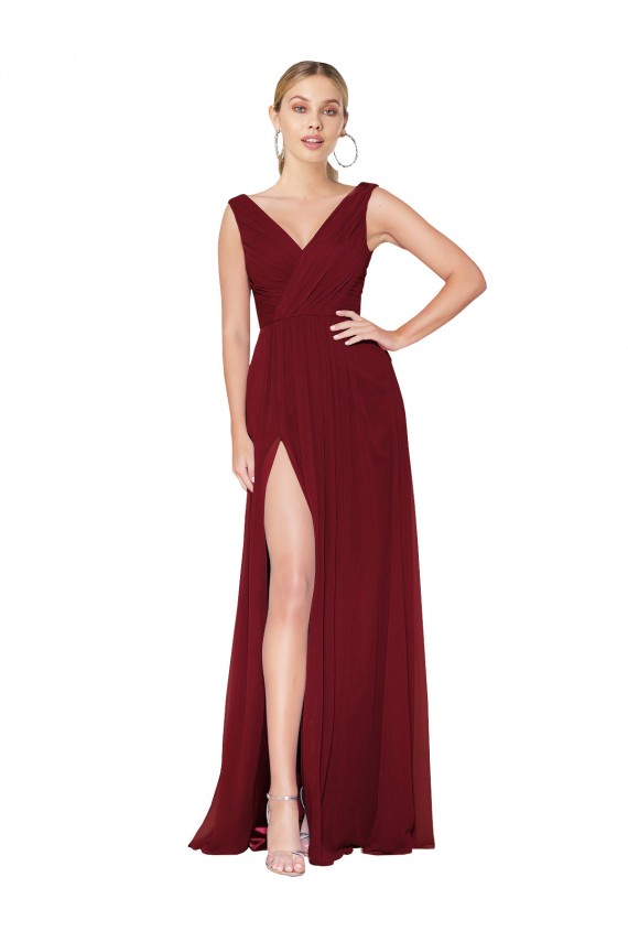 Bordeaux Trapèze Col V Mousseline Longue Formelles Robes demoiselle d'honneur / Robes de soirée / Robes de bal à Vendre