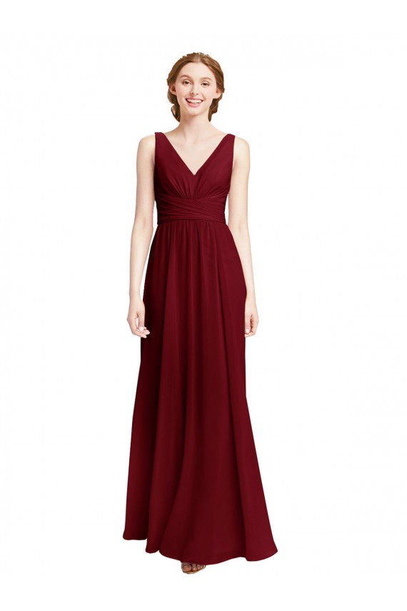 Bordeaux Trapèze Col V Mousseline Longue Robes demoiselle d'honneur à Vendre