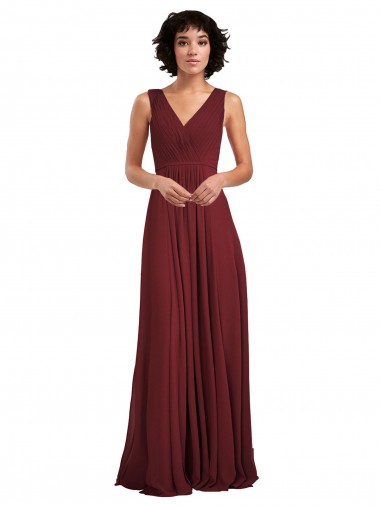 Bordeaux Trapèze Col V Mousseline Longue Robes demoiselle d'honneur à Vendre