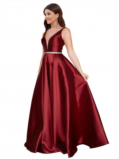 Bordeaux Trapèze Col V Satiné Longue Formelles Robes demoiselle d'honneur / Robes de soirée / Robes de bal à Vendre