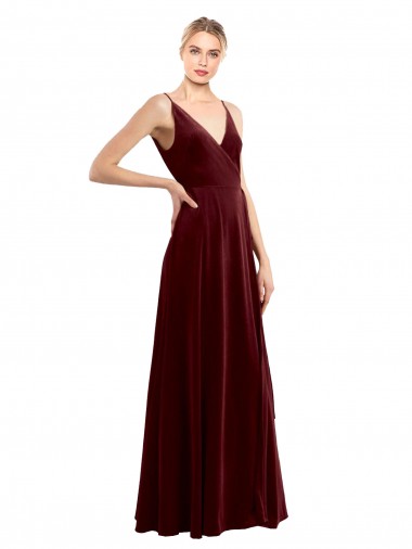 Bordeaux Trapèze Col V Velours Stretch Longue Formelles Robes demoiselle d'honneur / Robes de soirée / Robes de bal à Vendre