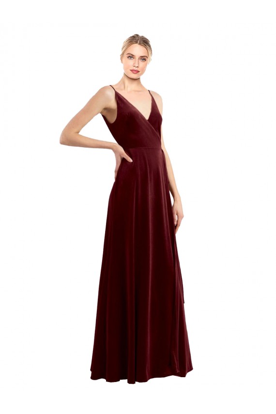 Bordeaux Trapèze Col V Velours Stretch Longue Formelles Robes demoiselle d'honneur / Robes de soirée / Robes de bal à Vendre