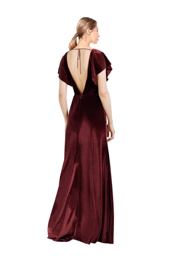 Bordeaux Trapèze Col V Velours Stretch Longue Robes demoiselle d'honneur / Robes de bal à Vendre