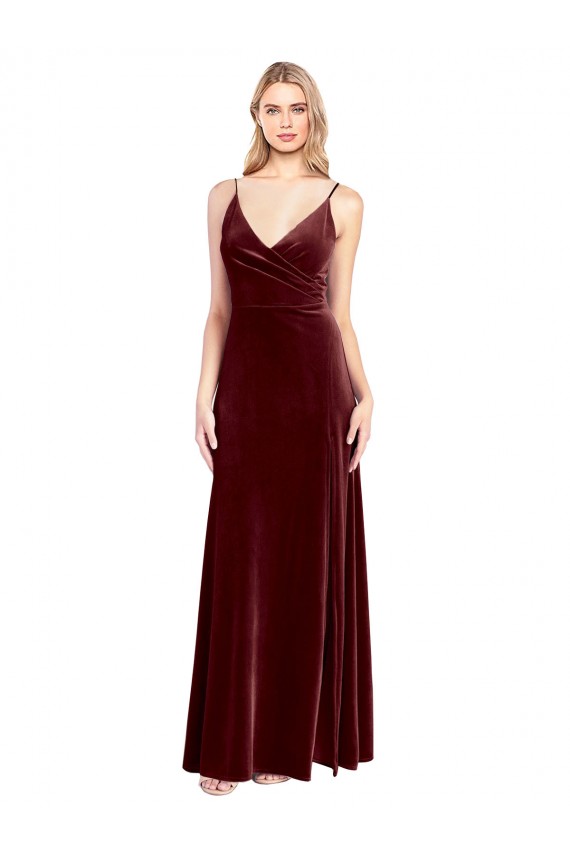 Bordeaux Trapèze Col V Velours Stretch Longue Robes demoiselle d'honneur / Robes de bal à Vendre