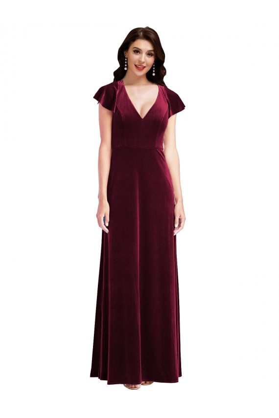 Bordeaux Trapèze Col V Velours Stretch Longue Robes demoiselle d'honneur / Robes de bal à Vendre