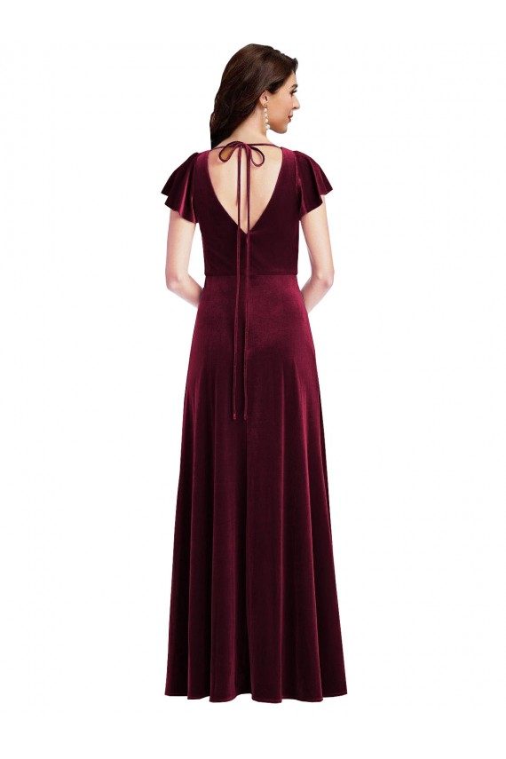 Bordeaux Trapèze Col V Velours Stretch Longue Robes demoiselle d'honneur / Robes de bal à Vendre