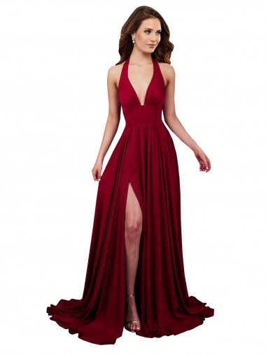 Bordeaux Trapèze Licou Col V Spandex Longue Formelles Robes demoiselle d'honneur / Robes de soirée / Robes de bal à Vendre