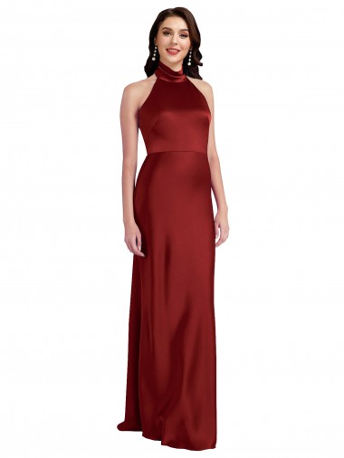Bordeaux Trapèze Licou Satiné Stretch Longue Formelles Robes demoiselle d'honneur / Robes de soirée / Robes de bal à Vendre