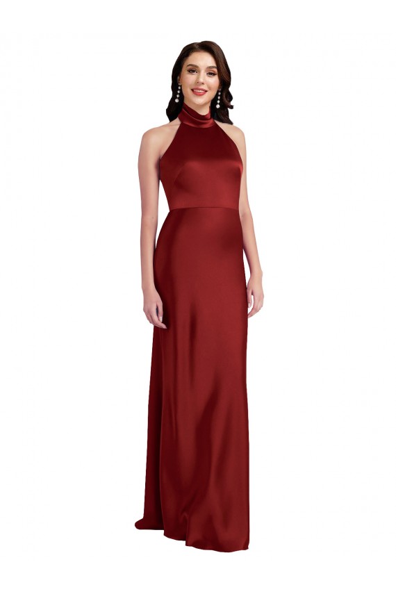 Bordeaux Trapèze Licou Satiné Stretch Longue Formelles Robes demoiselle d'honneur / Robes de soirée / Robes de bal à Vendre