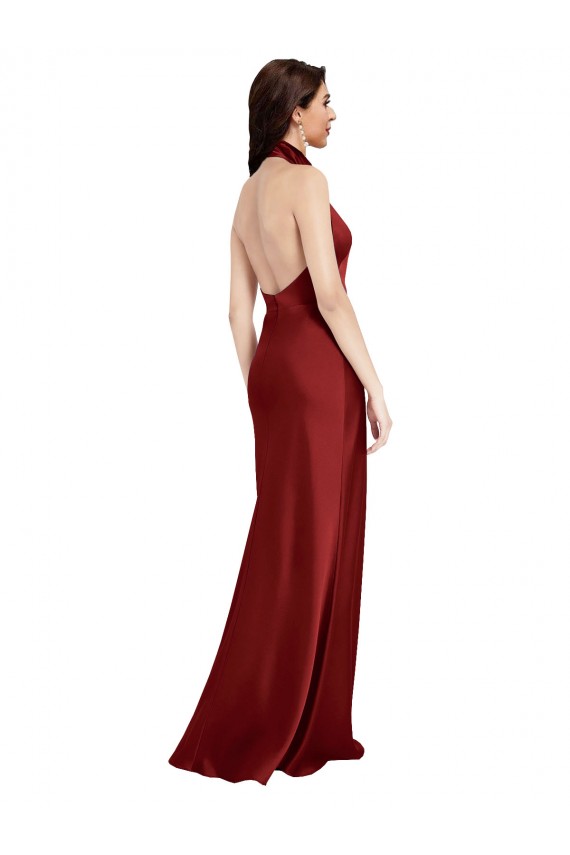 Bordeaux Trapèze Licou Satiné Stretch Longue Formelles Robes demoiselle d'honneur / Robes de soirée / Robes de bal à Vendre