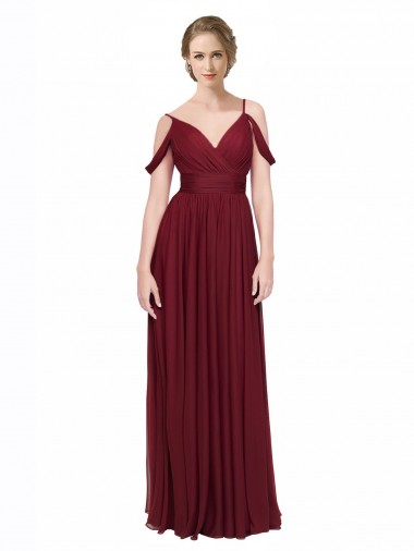 Bordeaux Trapèze Épaule Dénudée Bretelles spaghetti Mousseline Longue Robes demoiselle d'honneur à Vendre