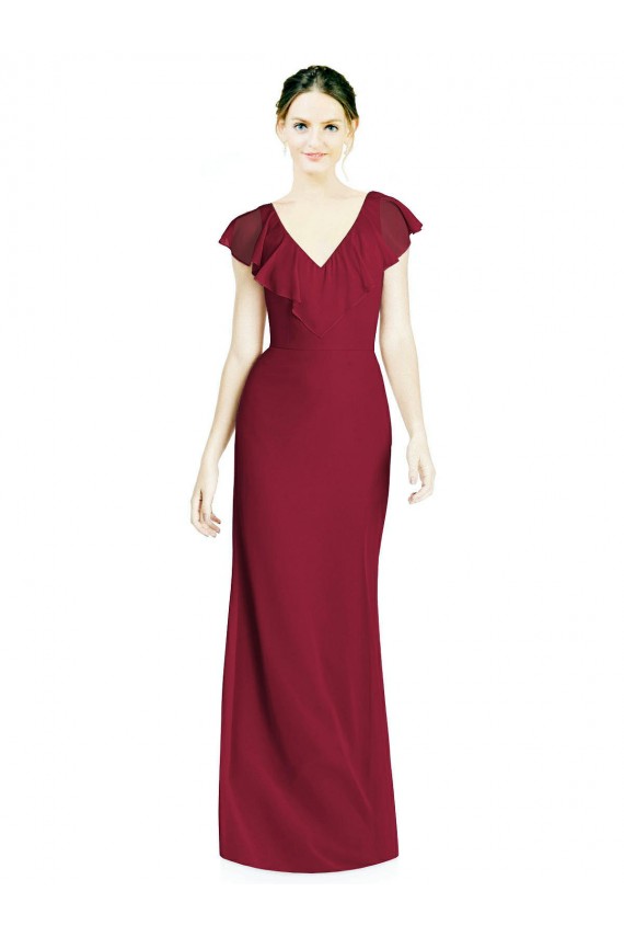 Bordeaux Trompette Col V Mousseline Longue Robes demoiselle d'honneur à Vendre