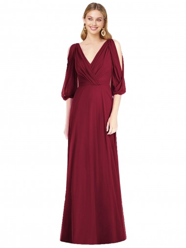 Bordeaux Trompette Col V Mousseline Longue Robes demoiselle d'honneur à Vendre