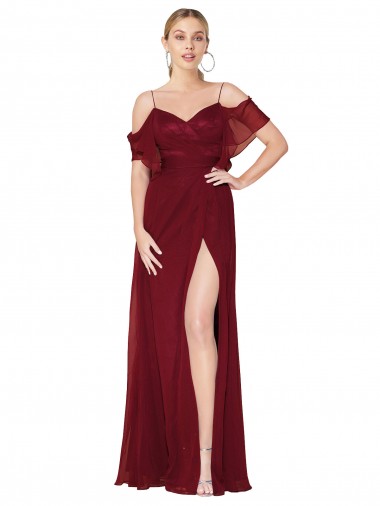 Bordeaux Trompette Épaule Dénudée Mousseline Longue Formelles Robes demoiselle d'honneur / Robes de soirée / Robes de bal à Vendre