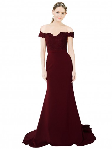 Bordeaux foncé Sirène Épaule Dénudée Balayage train Crêpe Stretch Dentelle Longue Formelles Robes demoiselle d'honneur / Robes de soirée / Robes de bal à Vendre