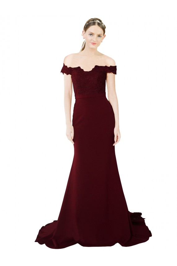 Bordeaux foncé Sirène Épaule Dénudée Balayage train Crêpe Stretch Dentelle Longue Formelles Robes demoiselle d'honneur / Robes de soirée / Robes de bal à Vendre