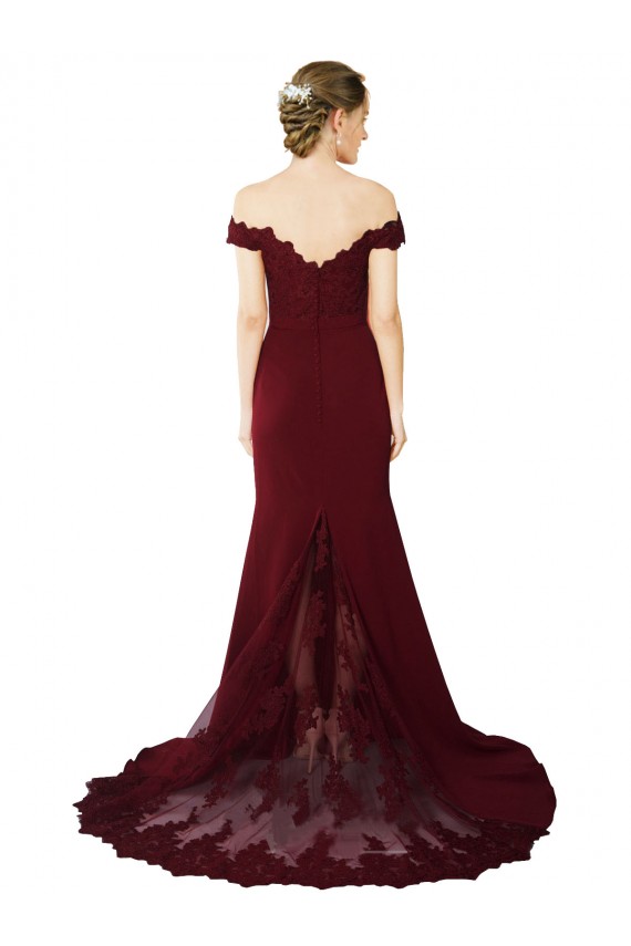 Bordeaux foncé Sirène Épaule Dénudée Balayage train Crêpe Stretch Dentelle Longue Formelles Robes demoiselle d'honneur / Robes de soirée / Robes de bal à Vendre