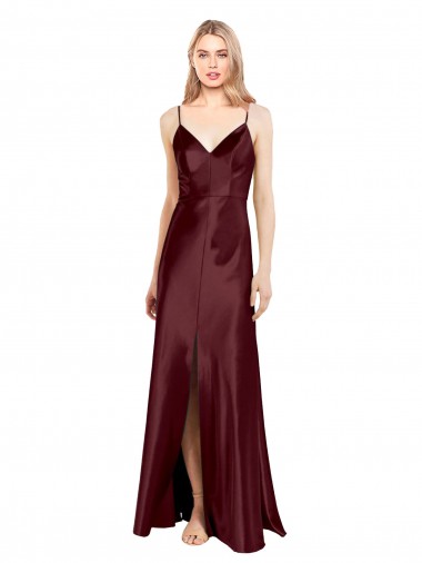Bordeaux foncé Trapèze Bretelles spaghetti Col V Satiné Stretch Longue Formelles Robes demoiselle d'honneur / Robes de soirée / Robes de bal à Vendre