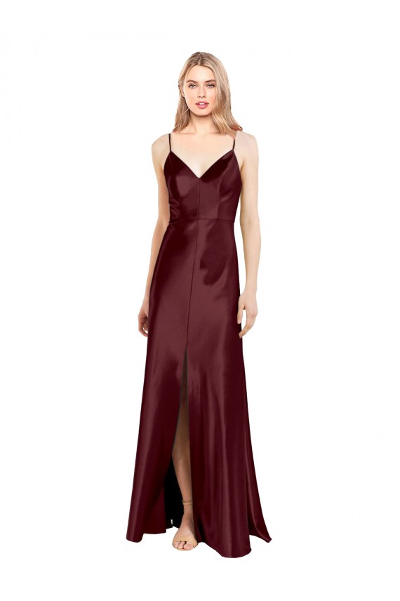 Bordeaux foncé Trapèze Bretelles spaghetti Col V Satiné Stretch Longue Formelles Robes demoiselle d'honneur / Robes de soirée / Robes de bal à Vendre