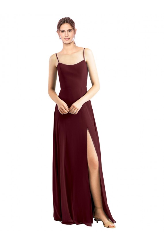 Bordeaux foncé Trapèze Bretelles spaghetti Scoop Mousseline Longue Robes demoiselle d'honneur à Vendre