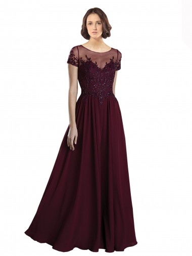 Bordeaux foncé Trapèze Col bijou Tulle Mousseline Longue Robes demoiselle d'honneur à Vendre