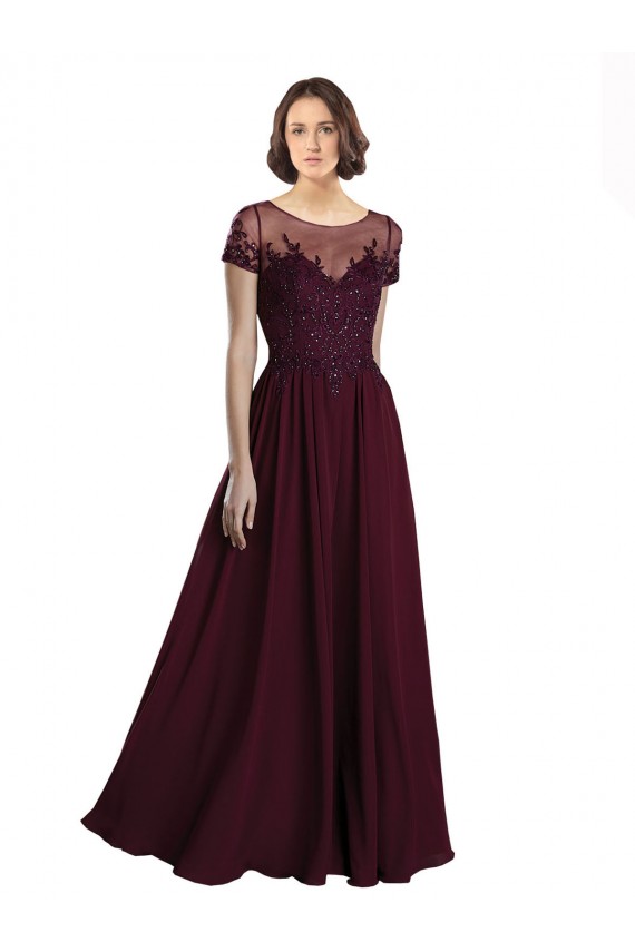 Bordeaux foncé Trapèze Col bijou Tulle Mousseline Longue Robes demoiselle d'honneur à Vendre