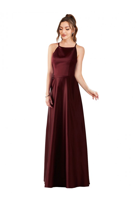 Bordeaux foncé Trapèze Licou Satiné Longue Robes demoiselle d'honneur / Robes de bal à Vendre