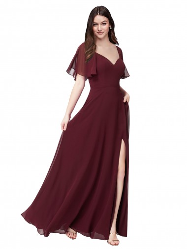Bordeaux foncé Trapèze Mousseline Longue Robes demoiselle d'honneur à Vendre