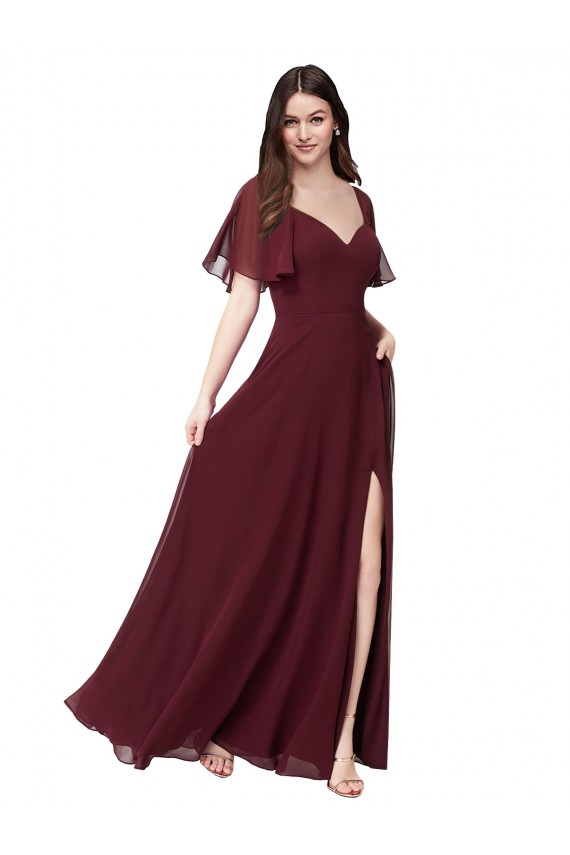 Bordeaux foncé Trapèze Mousseline Longue Robes demoiselle d'honneur à Vendre
