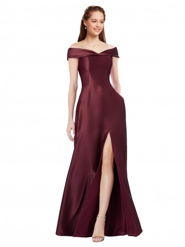 Bordeaux foncé Trapèze Épaule Dénudée Sans bretelle Satiné Longue Formelles Robes demoiselle d'honneur / Robes de soirée / Robes de bal à Vendre