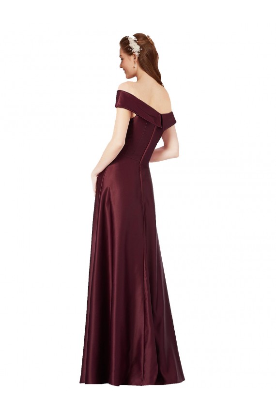 Bordeaux foncé Trapèze Épaule Dénudée Sans bretelle Satiné Longue Formelles Robes demoiselle d'honneur / Robes de soirée / Robes de bal à Vendre