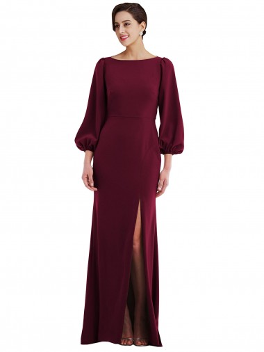 Bordeaux foncé Trompette Bateau Crêpe Stretch Longue Formelles Robes demoiselle d'honneur / Robes de soirée / Robes de bal à Vendre