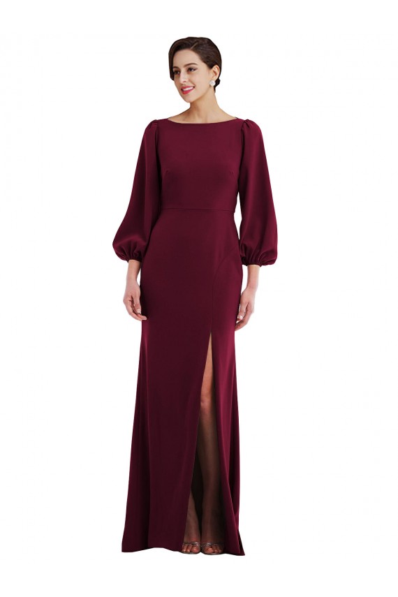 Bordeaux foncé Trompette Bateau Crêpe Stretch Longue Formelles Robes demoiselle d'honneur / Robes de soirée / Robes de bal à Vendre
