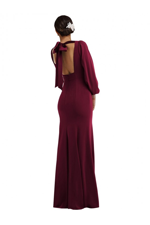 Bordeaux foncé Trompette Bateau Crêpe Stretch Longue Formelles Robes demoiselle d'honneur / Robes de soirée / Robes de bal à Vendre