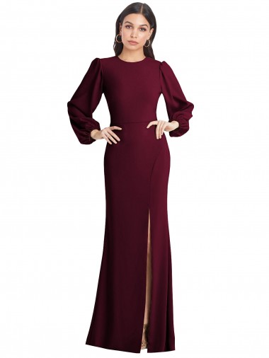 Bordeaux foncé Trompette Bateau Crêpe Stretch Longue Formelles Robes demoiselle d'honneur / Robes de soirée / Robes de bal à Vendre