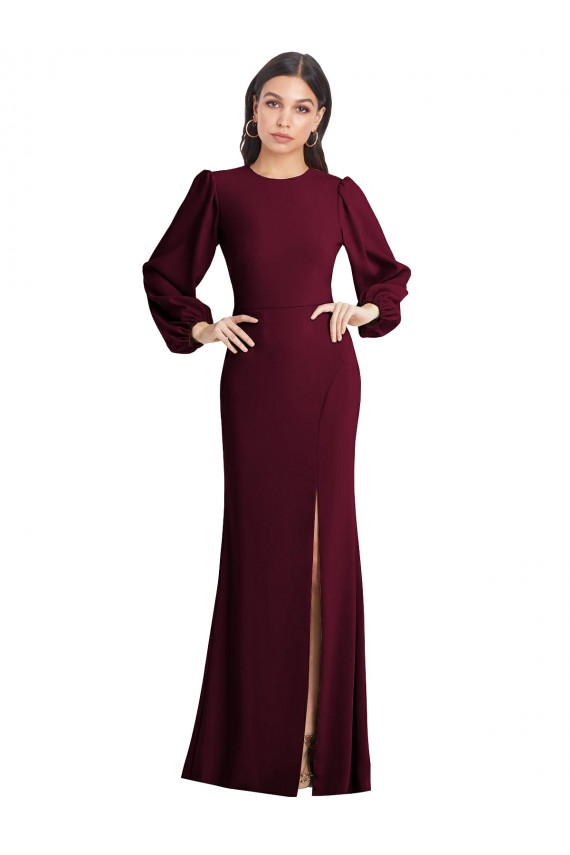 Bordeaux foncé Trompette Bateau Crêpe Stretch Longue Formelles Robes demoiselle d'honneur / Robes de soirée / Robes de bal à Vendre