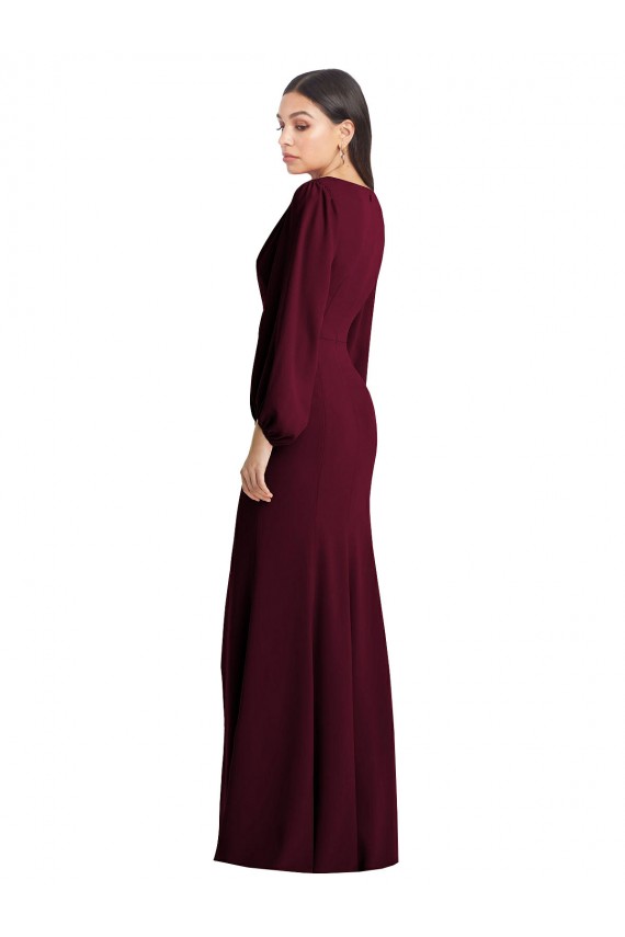 Bordeaux foncé Trompette Col V Crêpe Stretch Longue Robes demoiselle d'honneur / Robes de bal à Vendre