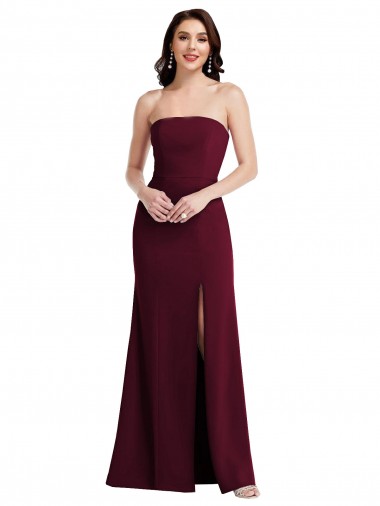Bordeaux foncé Trompette Sans bretelle Crêpe Stretch Longue Robes demoiselle d'honneur / Robes de bal à Vendre