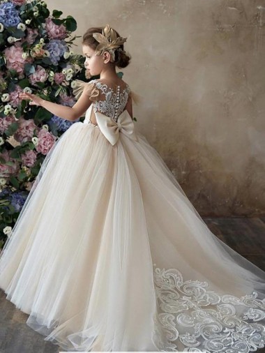 Champagne Princesse Tulle Dentelle Longue Robes de demoiselle d'honneur - fillette à Vendre