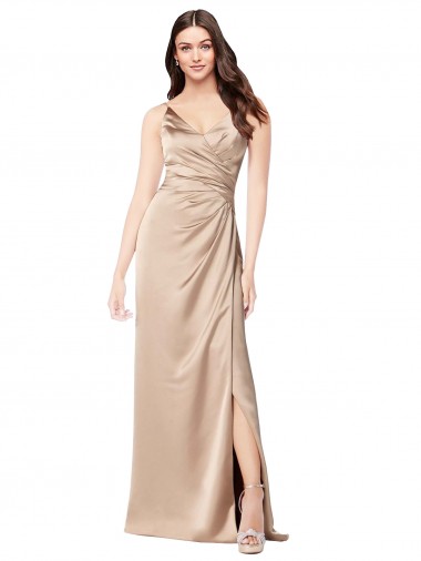 Champagne Rose Trapèze Bretelles spaghetti Col V Satiné Soyeux Longue Formelles Robes demoiselle d'honneur / Robes de soirée / Robes de bal à Vendre