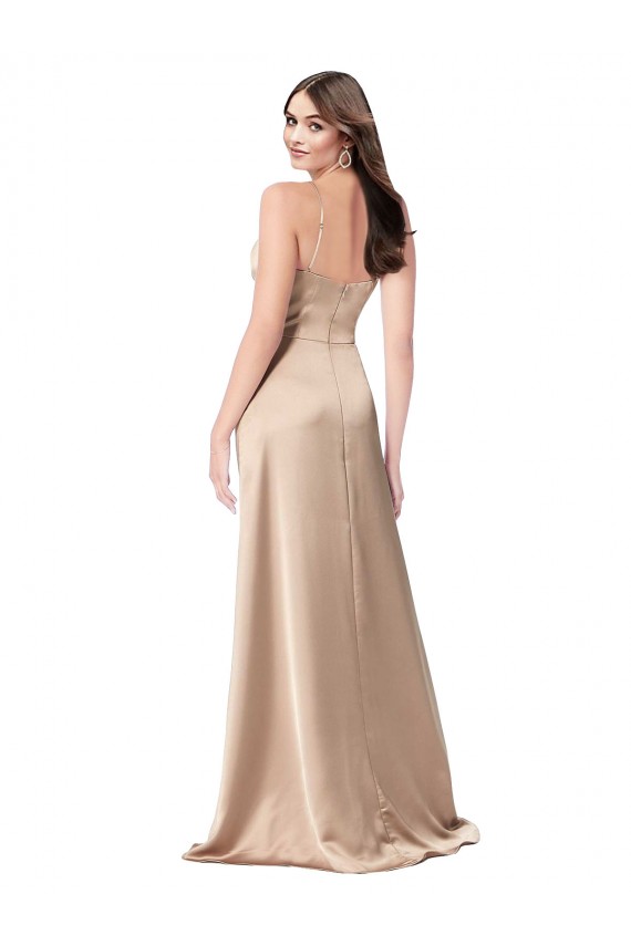 Champagne Rose Trapèze Bretelles spaghetti Col V Satiné Soyeux Longue Formelles Robes demoiselle d'honneur / Robes de soirée / Robes de bal à Vendre