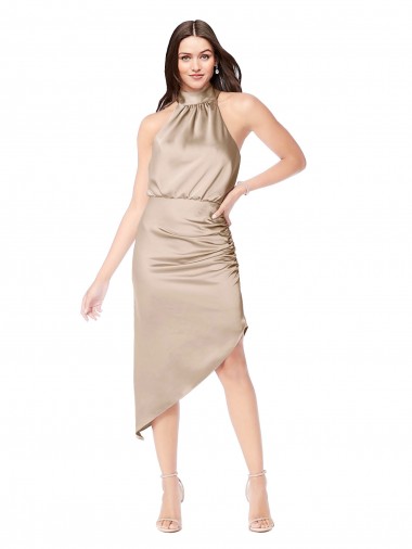 Champagne Rose Trapèze Licou midi Satiné Soyeux Courte Asymétrique Robes demoiselle d'honneur / Robes de bal / Robes de cocktail à Vendre